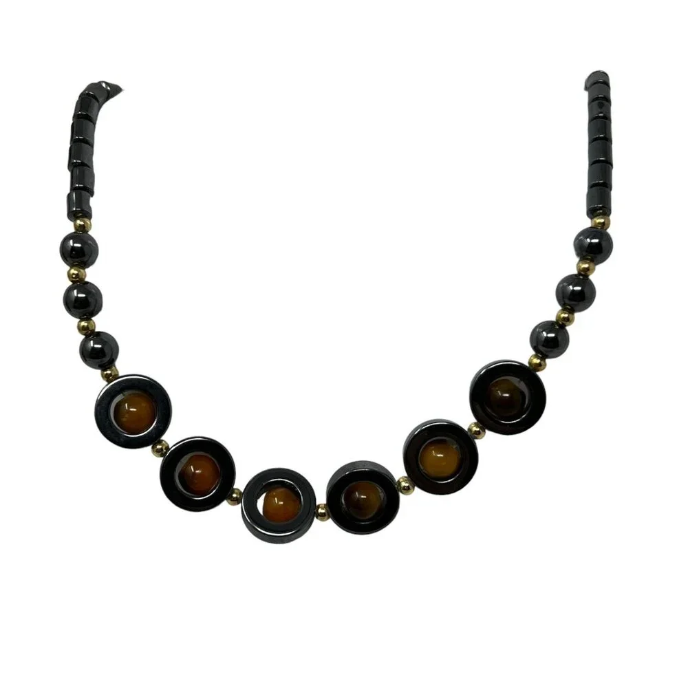 Hematite Necklace Black Natural Stone Caged Yellow Orange‎ Beads Gold Tone Beads